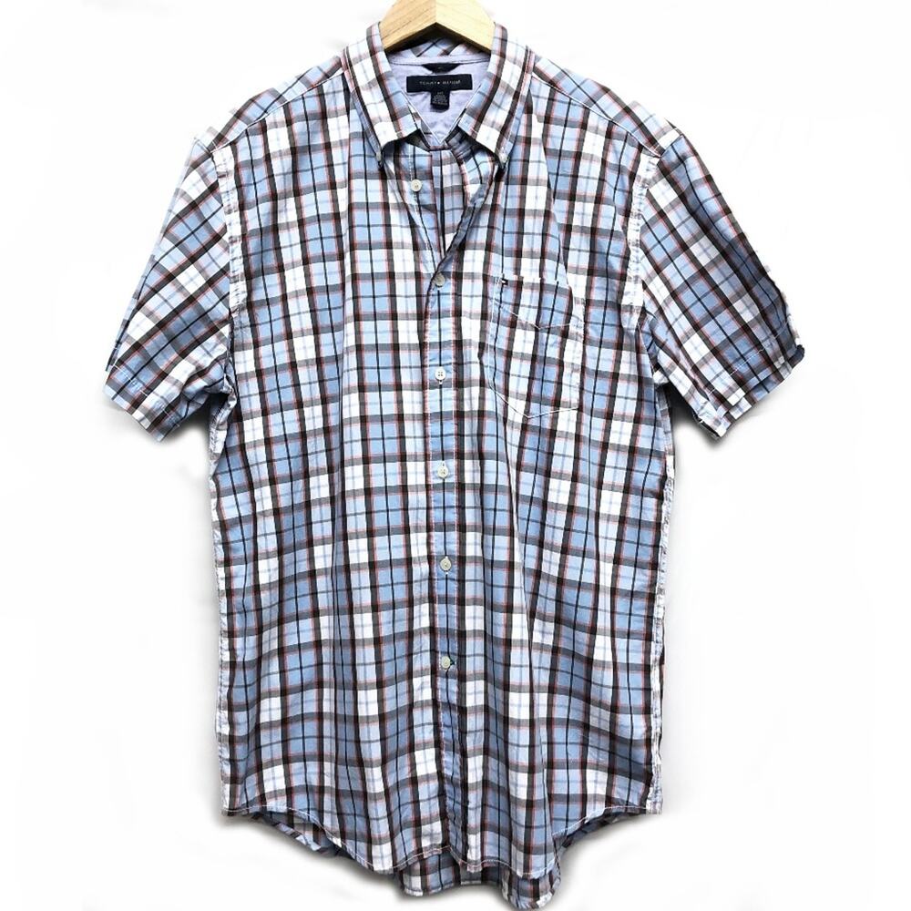 Tommy Hilfiger Men's Red Blue White Plaid Short Sleeve Shirt L Button-Down